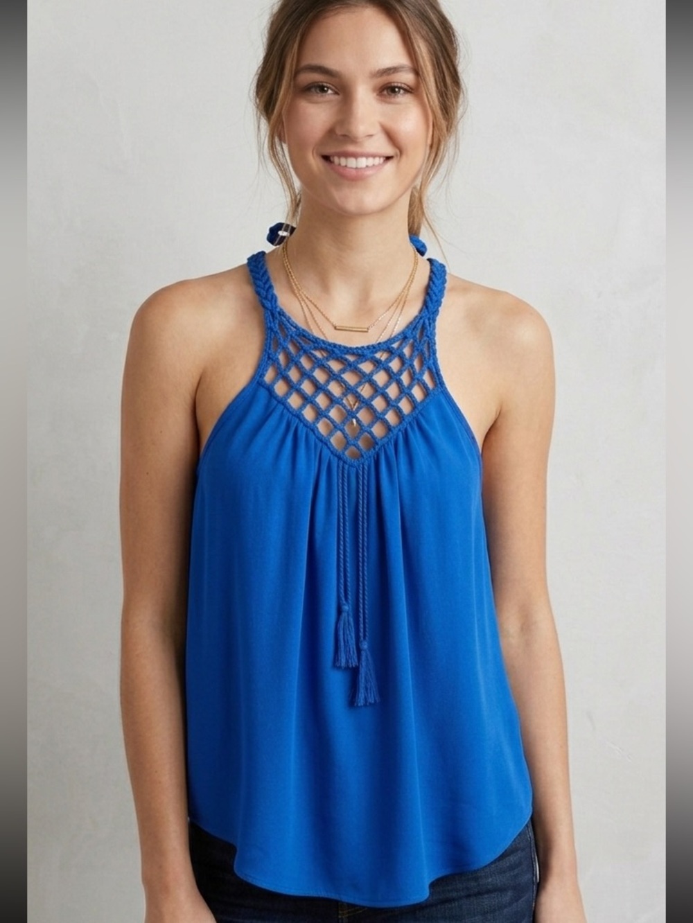 Rebecca Taylor Silk Royal Blue Macramé Halter Tank